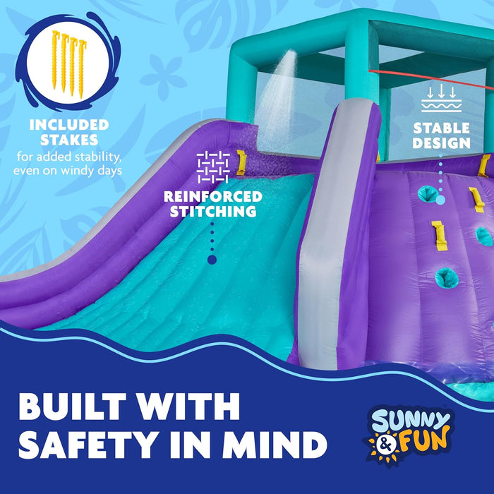 Sunny & Fun Four Corner Inflatable Water Slide Park – Heavy-Duty for Outdoor Fun - Climbing Wall, Slide & Deep Pool