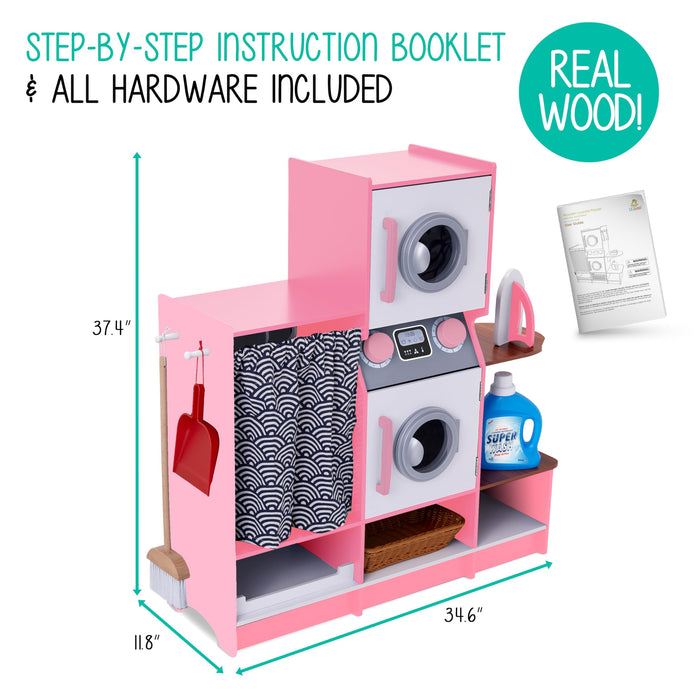 Lil' Jumbl Kids Washer and Dryer Playset, Wooden Pretend Laundry Play Set for Kids - Pink