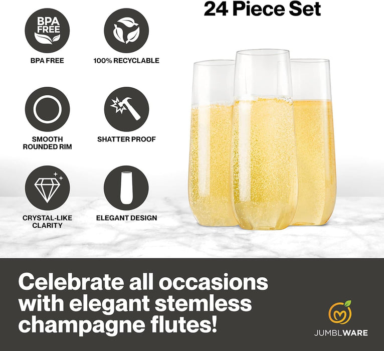 24 Clear Stemless Plastic Champagne Flutes (9-oz.), Recyclable, Disposable & Shatterproof