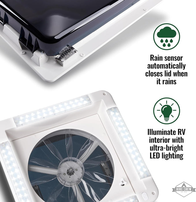16” RV Roof Vent Fan, 12V 10-Speed RV Fan with LED Light, Rain Sensor & Remote