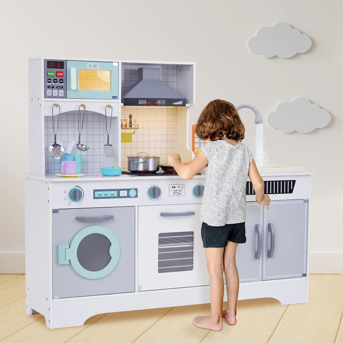 Kids Kitchen Set, Wooden Pretend Play Kitchen with Sounds, Accessories and Running Water
