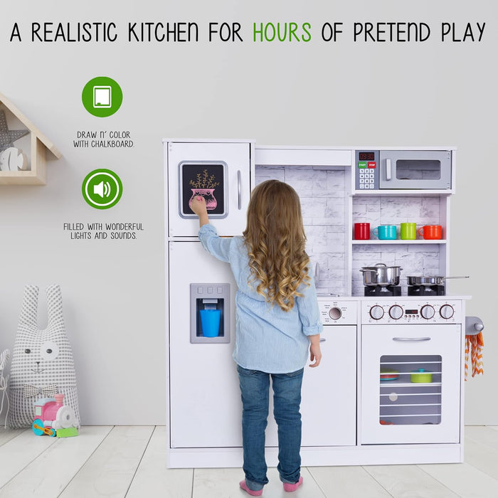 Premium Kids Kitchen Set, Wooden Pretend Play Kitchen with Sounds & Accessories - White