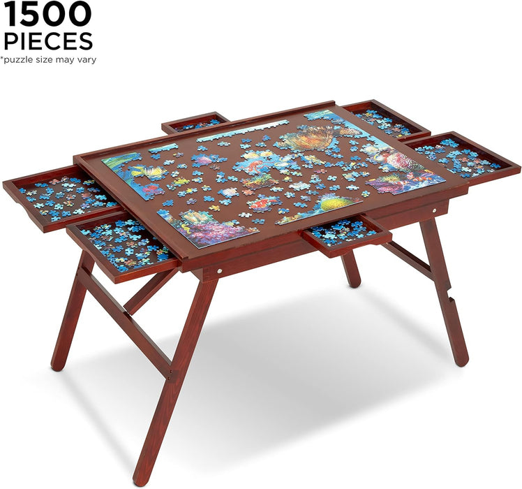 1500-Piece Puzzle Board - 27 x 35" Puzzle Table with Legs, Cover & 6 Removable Drawers