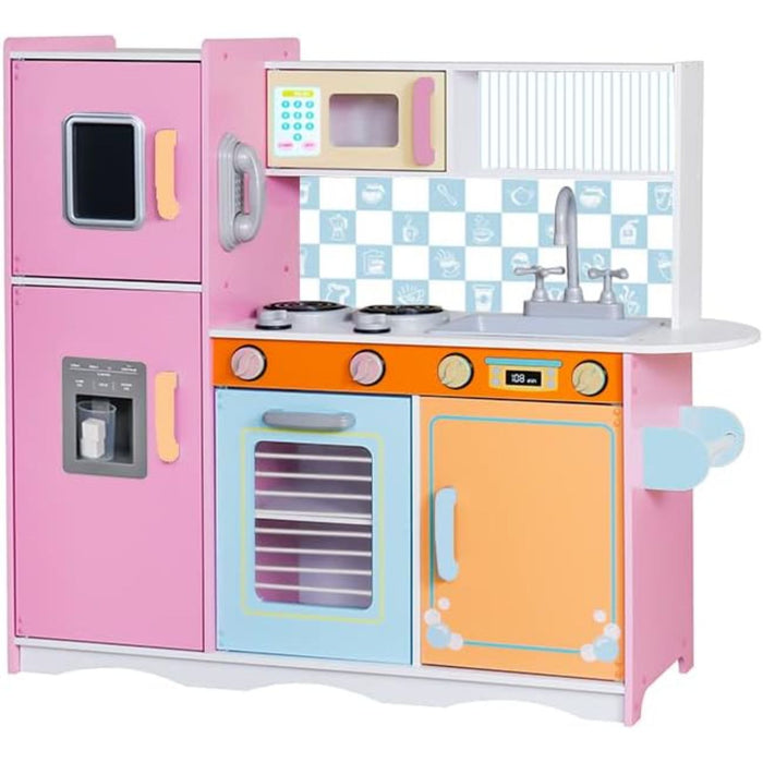 Kids Kitchen Set, Wooden Pretend Play Kitchen with Sounds & Accessories - Pink Colorful