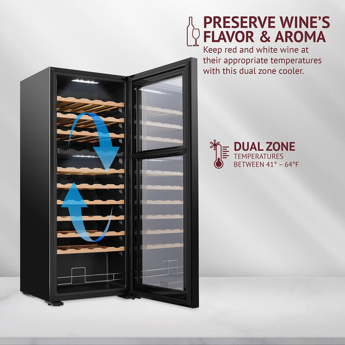 55 Bottle Large Wine Refrigerator, Freestanding Dual Zone Wine Fridge - Black