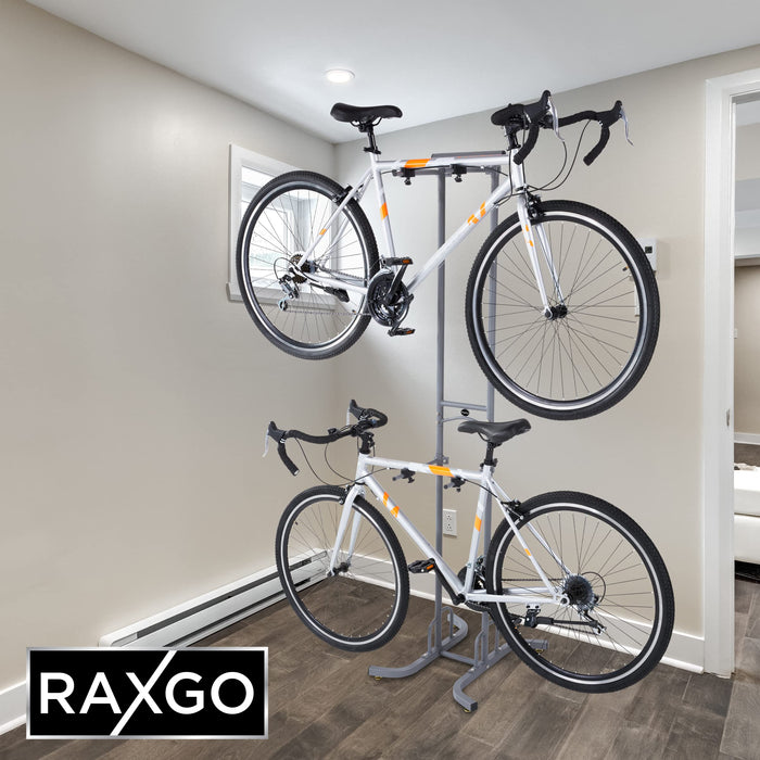 Freestanting Bike Storage Rack, 2 Bicycle Stand W/Hooks for Mountain & Road Bikes