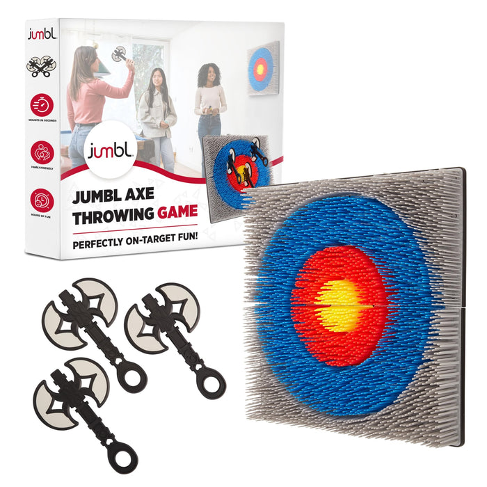 Jumbl Wall-Mounted Axe Throwing Game, Indoor Foam Axe Set with Bristle Target & Mount Kit