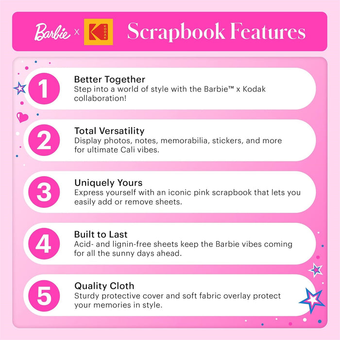 Barbie x Kodak Pink 8x8” Cloth Covered Scrapbook Photo Album with Front Picture Window