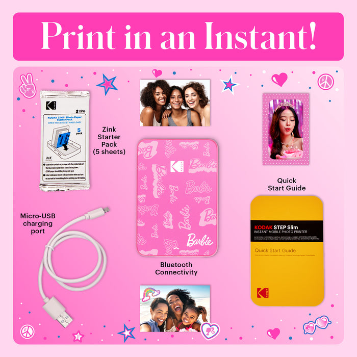 Barbie x Kodak Step Slim Wireless Instant Portable Photo Printer, 2x3" Full Color Instant Photo Printer