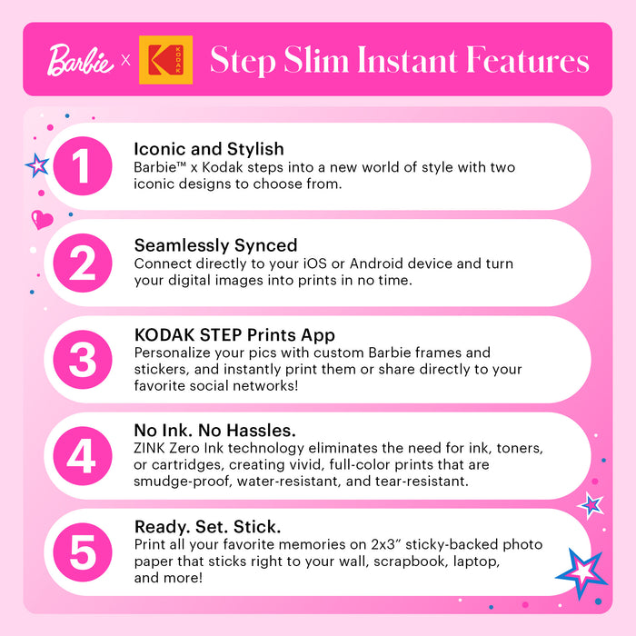 Barbie x Kodak Step Slim Wireless Instant Portable Photo Printer, 2x3" Full Color Instant Photo Printer