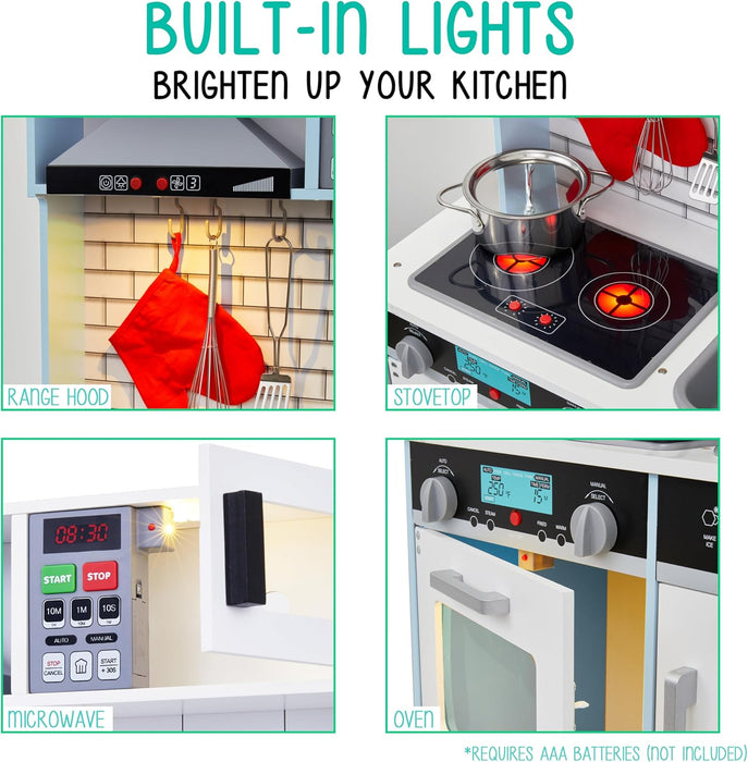 Lil' Jumbl Small Kids Kitchen Playset, Pretend Kids Wooden Kitchen with Stovetop, Oven & More