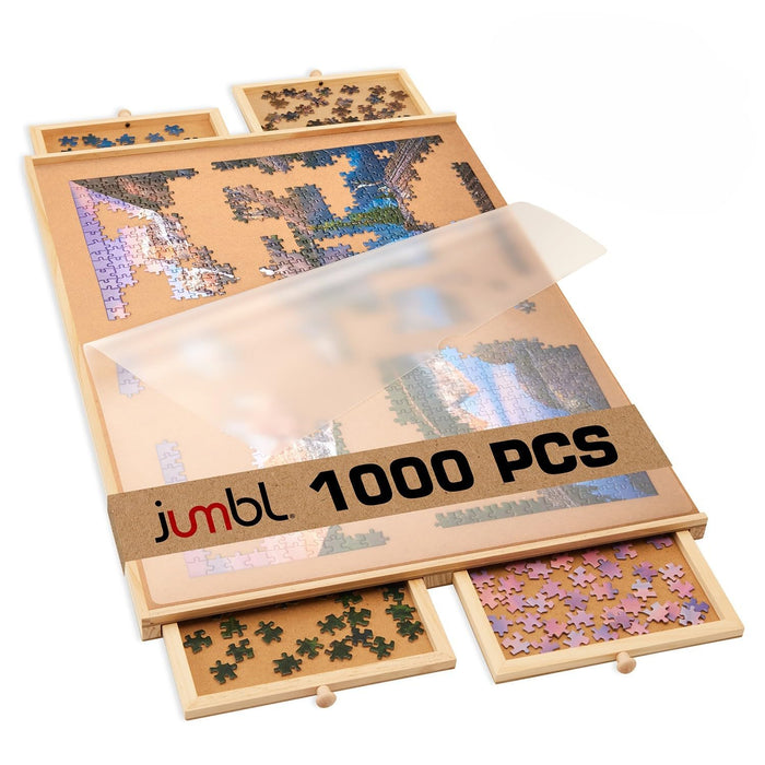 Jumbl 1000-Piece Puzzle Board with Drawers, Lazy Susan & Cover - Rotating Wooden Jigsaw Puzzle Table