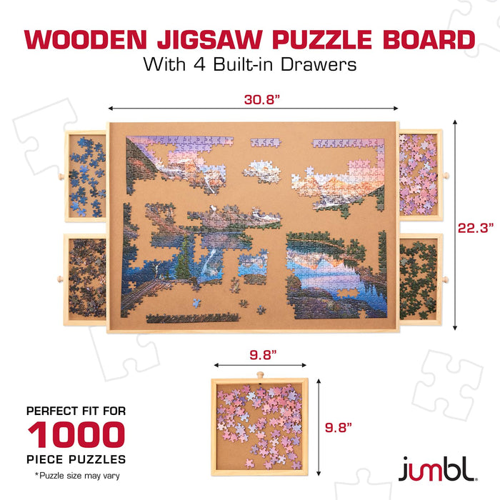 Jumbl 1000-Piece Puzzle Board with Drawers, Lazy Susan & Cover - Rotating Wooden Jigsaw Puzzle Table