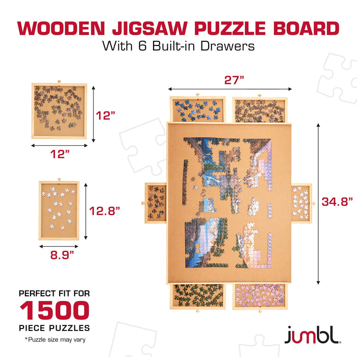 Jumbl 1500-Piece Puzzle Board with Drawers, Lazy Susan & Cover - Rotating Wooden Jigsaw Puzzle Table