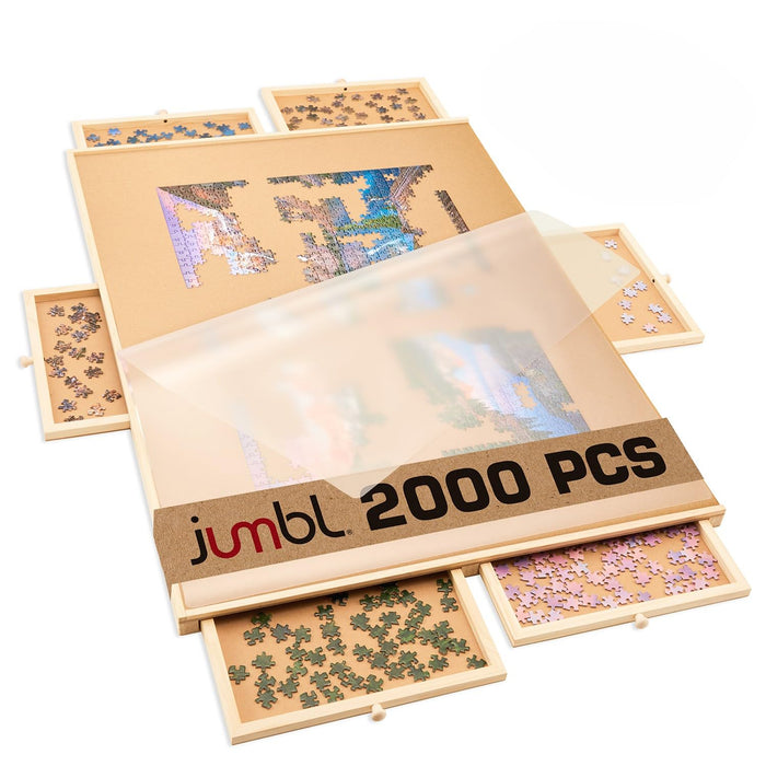 Jumbl 2000-Piece Puzzle Board with Drawers, Lazy Susan & Cover - Rotating Wooden Jigsaw Puzzle Table