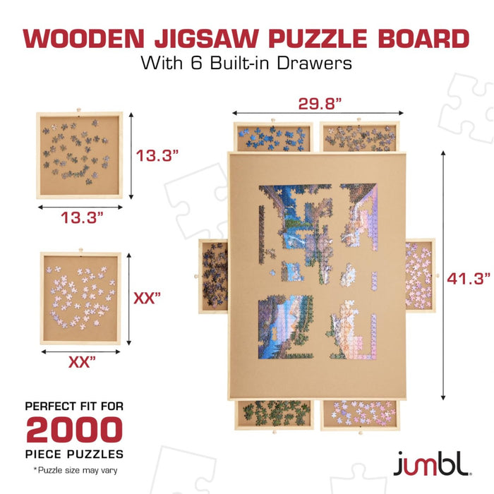 Jumbl 2000-Piece Puzzle Board with Drawers, Lazy Susan & Cover - Rotating Wooden Jigsaw Puzzle Table