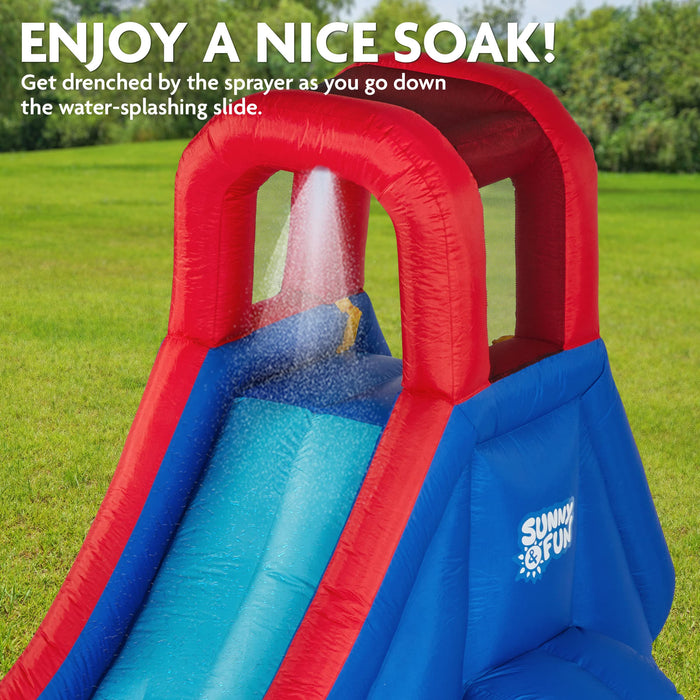 Sunny & Fun Single Ring Inflatable Water Slide Park with Climbing Wall & Deep Pool - Red/Blue