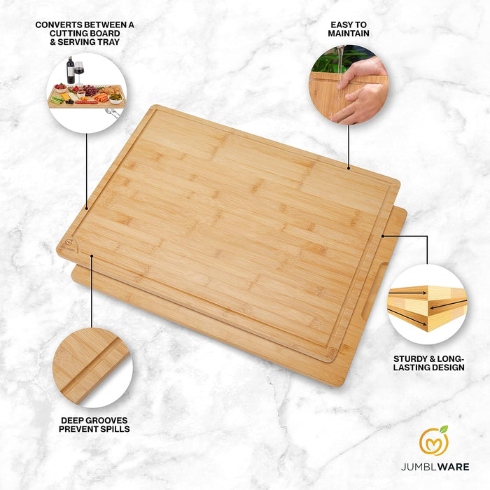 Bamboo Cutting Board, 24” x 18” Large Wooden Chopping Block Tray with Handles