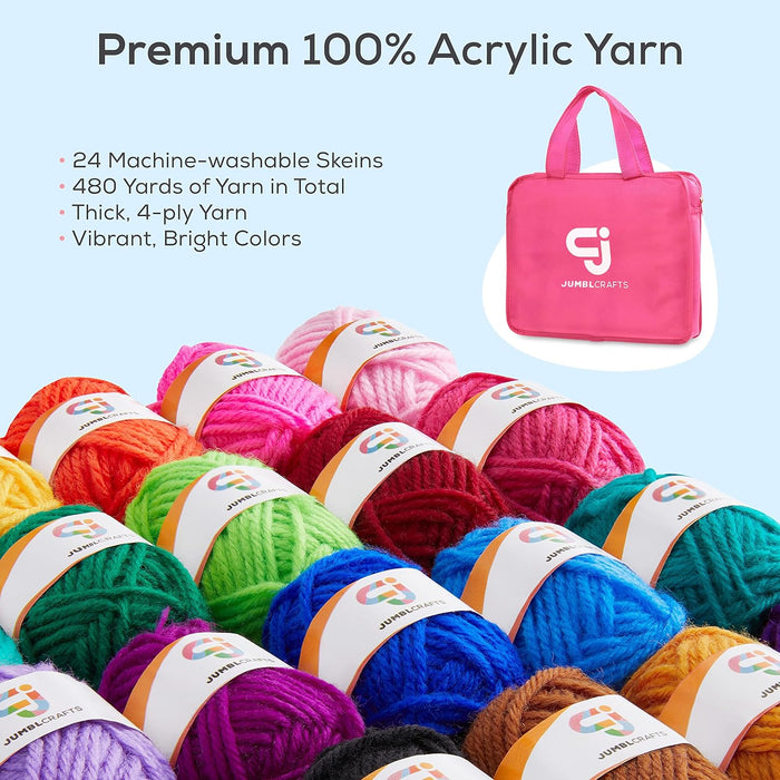 Ultimate Crochet Starter Kit - 24 Yarn Set with Travel Bag, Crochet Hooks, and More