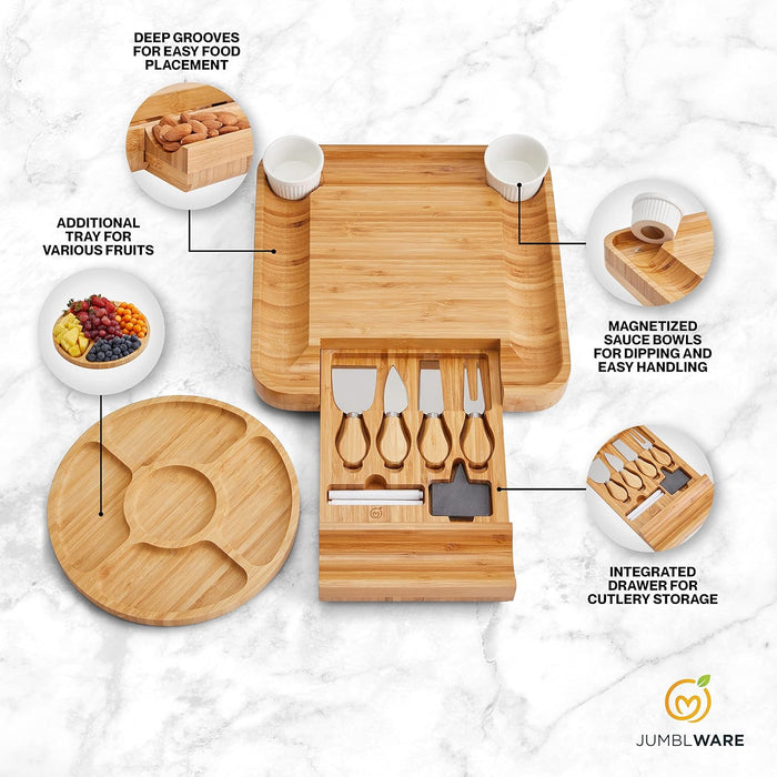 Bamboo Cheese Board and Fruit Platter, Wooden Meat and Cheese Tray with Knife Set