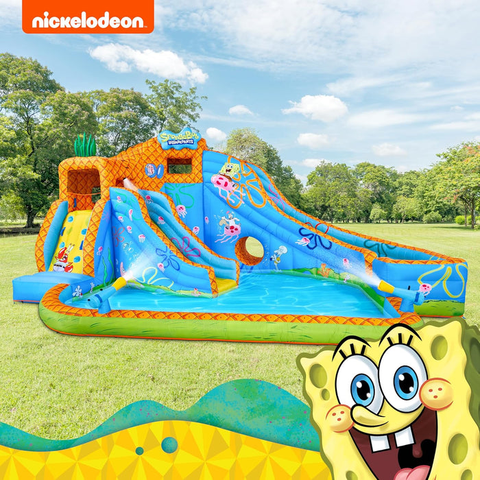 Sunny & Fun SpongeBob Deluxe Adventure Inflatable Water Slide Park – Climbing Wall, 2 Slides & Splash Pool