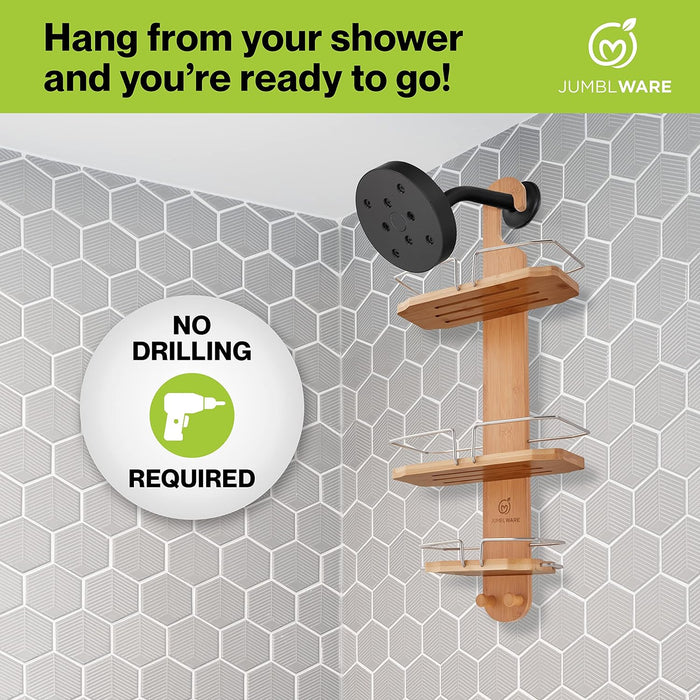 Bamboo Shower Caddy, Hanging 3-Tier Suction Cup Shower Organizer with Holder & Hooks