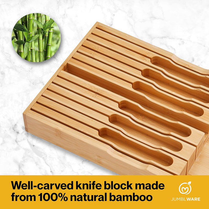 Bamboo Knife Block, In-Drawer Knife Drawer Organizer Fits 16 Steak Knives & Sharpener
