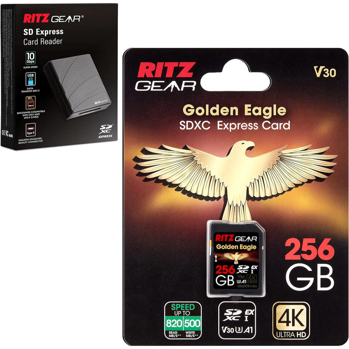 Ritz Gear SDExpress Golden Eagle SDXC SD Card, Express SD Card 256GB with SDExpress-Reader Included