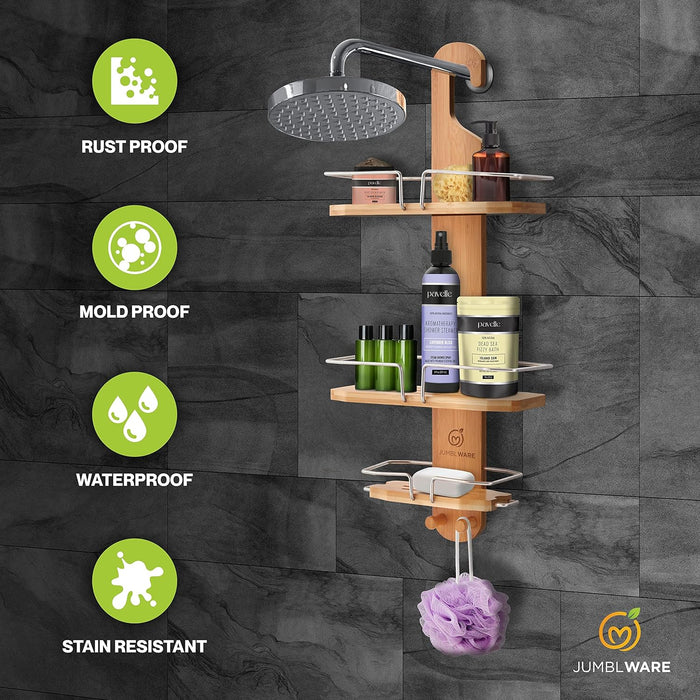 Bamboo Shower Caddy, Hanging 3-Tier Suction Cup Shower Organizer with Holder & Hooks