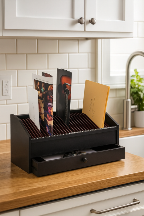 17" - 31 Slot Wooden Bill/Letter Organizer with Drawer