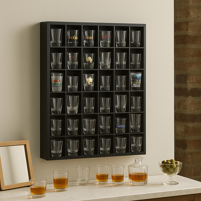 Jumbl 36 Shot Glass Curio Display Case Jiggers Holder Shot glass Cabinet Wall Rack - Back, 16.5"