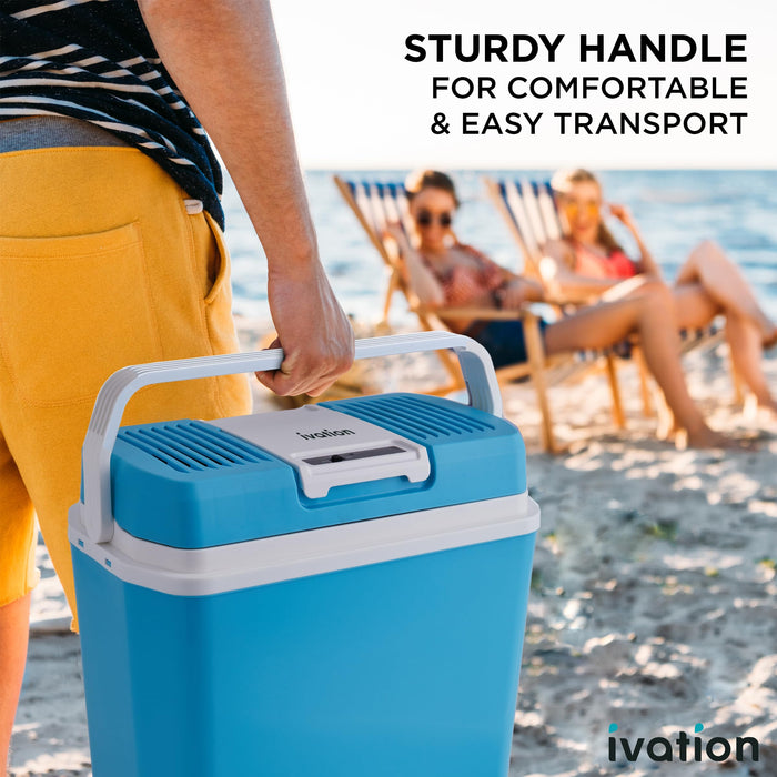 Ivation Electric Cooler & Warmer, 24L Portable Thermoelectric 12 Volt Cooler with Handle - Aqua Blue