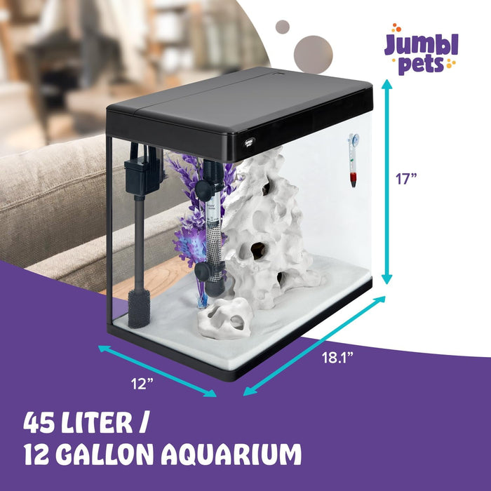 JumblPets Premium Fish Aquarium Kit, Complete Glass Fish Tank Kit w/LED Lighting & More (12 Gallon)