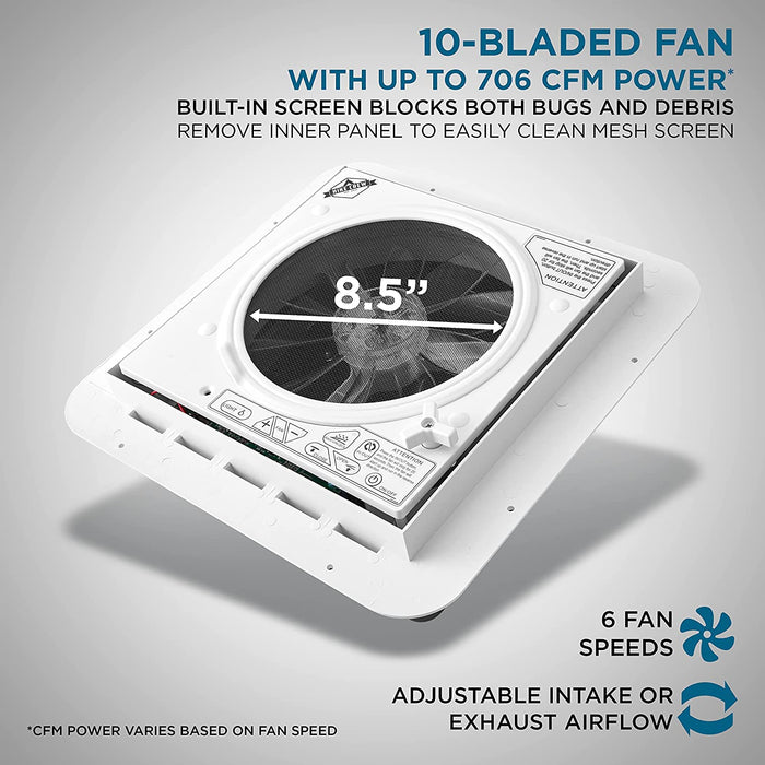 Hike Crew 11” RV Roof Vent Fan, 6-Speed RV Fan with LED Light, Rain Sensor and More - Smoked Lid