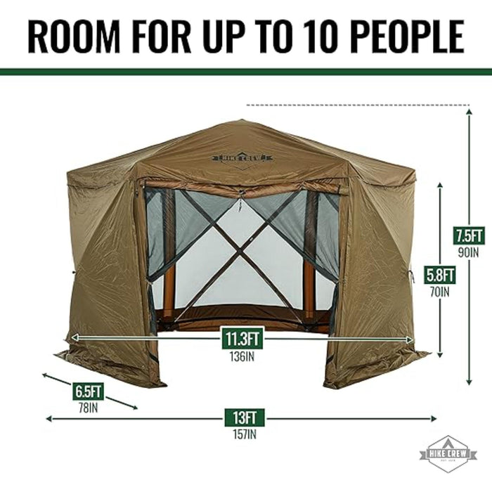 Hike Crew 13’ x 13’ Screened Roof Pop Up Gazebo Tent, 6-Side Outdoor Camping Canopy Shelter