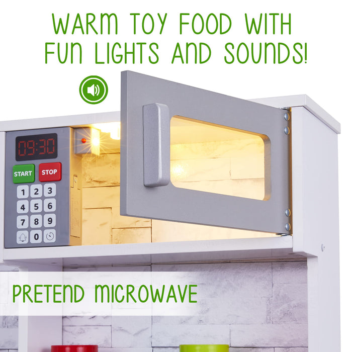 Lil' Jumbl Premium Kids Kitchen Set, Wooden Pretend Play Kitchen with Sounds & Accessories - White