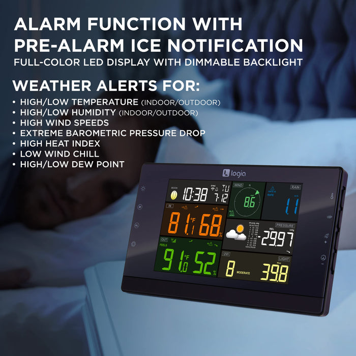 Logia 7-in-1 Wi-Fi Wireless Weather Station w/Solar, Indoor/Outdoor weather station w/Alarms & More