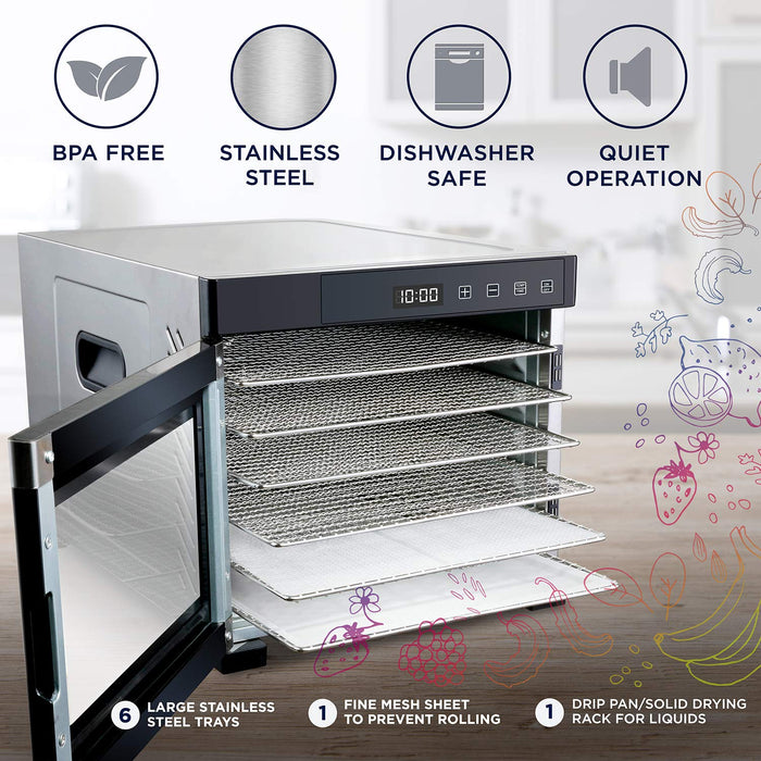 Ivation 6-Tray, 600W Food Dehydrator with Digital Timer and Temperature Control - Stainless Steel
