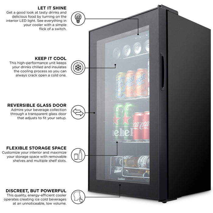 Ivation 101 Can Beverage Refrigerator, Freestanding Mini Fridge with Glass Door - Black