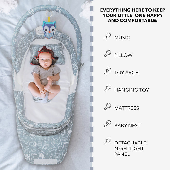 Snuggle Nest Bed, Foldable Baby Travel Bassinet Sleeper, Hanging Toy, Built-in Night Light, Music Player, Pillow, Matters & Carry Handle Included, Comfortable Portable Washable Baby Lounger
