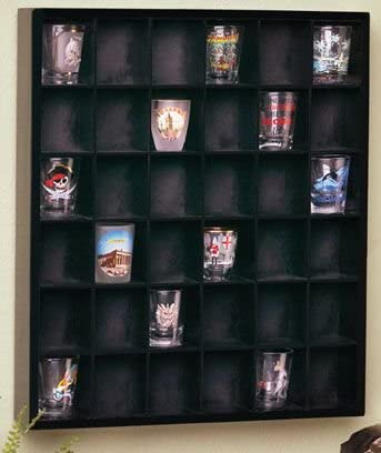 36 Shot Glass Curio Display Case Jiggers Holder Shotglass Cabinet Wall Rack - Back, 16.5"