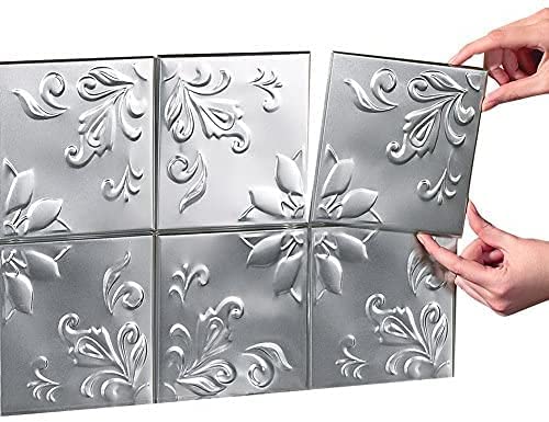 Self - Adhesive Decorative Silver Embossed Floral Deign Tin Tiles - Set of 16