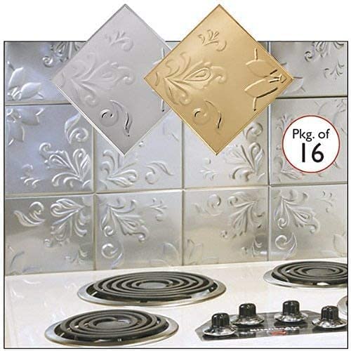 Self - Adhesive Decorative Silver Embossed Floral Deign Tin Tiles - Set of 16