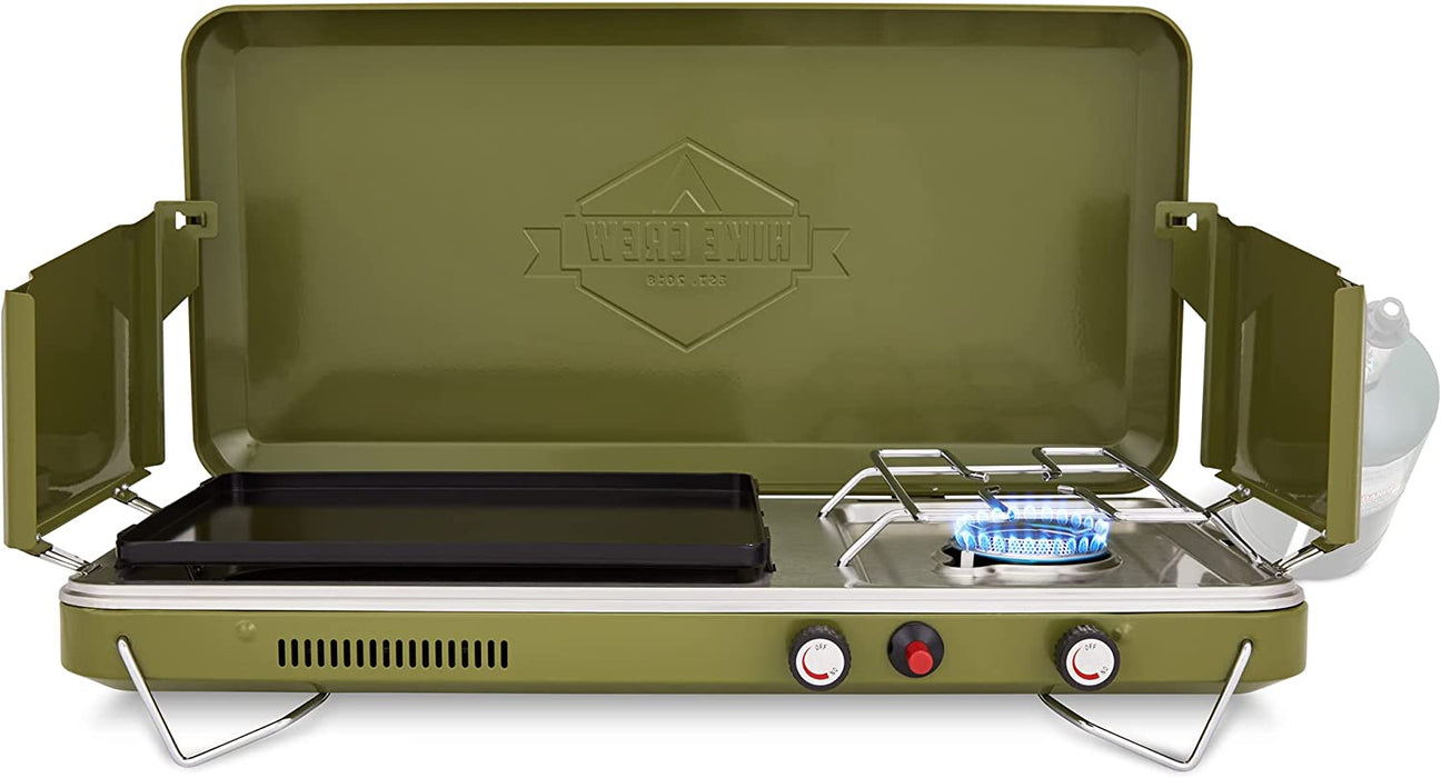 2-in-1 Gas Camping Stove, Portable Grill & Camp Stove, Propane Burner W/ Integrated Igniter, Green