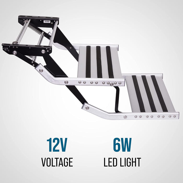 Manual RV Steps, Universal 2-Step Retractable Platform w/12V LED Light