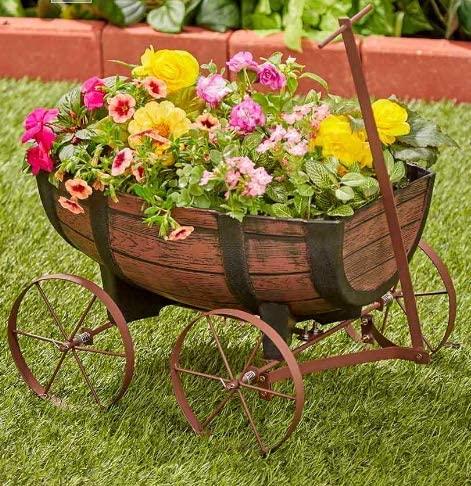 Rustic Whiskey Barrel Wagon Planter with Handle and Drainage Hole