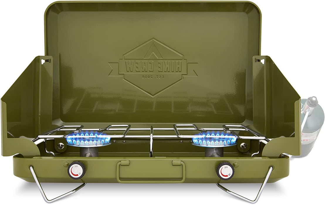 2 Propane Burner Camping Stove, Portable Stove W/ Integrated Igniter, Handle & Wind Panels, Green