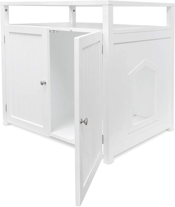 Cat Litter Box Enclosure, Furniture Large Box House with Table - White