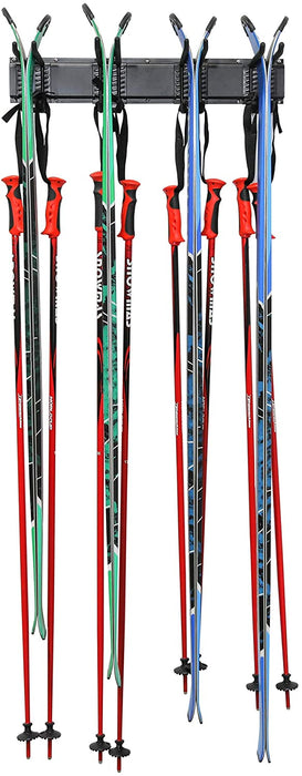 Ski Wall Rack, Holds 4 Pairs of Skis & Skiing Poles or Snowboard w/Adjustable Rubber-Coated