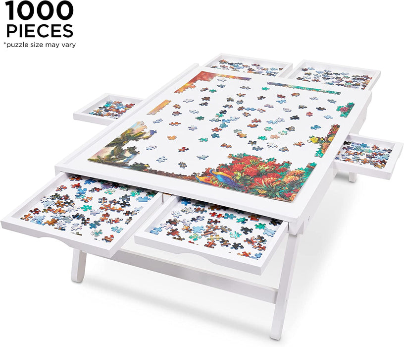 1000 Piece Puzzle Board Rack w/Mat, 23” x 31” Wooden Jigsaw Puzzle Table w/ 6 Storage